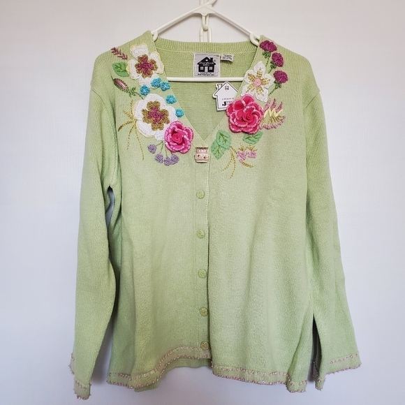 Storybook Knits Sweaters - STORYBOOK KNITS SWEATER 'FLOWER ARRANGEMENT' WHIMSICAL GREEN WOMENS (L)